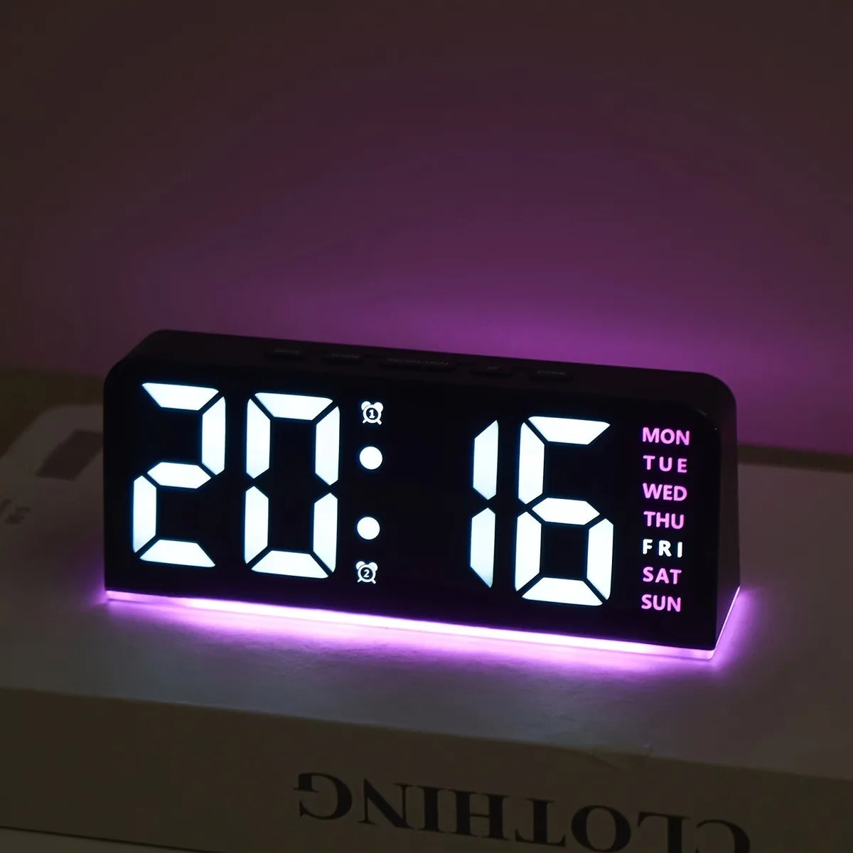 Showlu Smart LED digital alarm clock with mood light and USB display, featuring a sleek modern design and clear time readout.