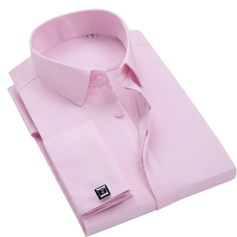 French Cufflink Men's Long Sleeve Bamboo Fiber Covered Button Shirt Slim Fit  Wedding Dress Sleeve Spikes Business Dress  Shirt