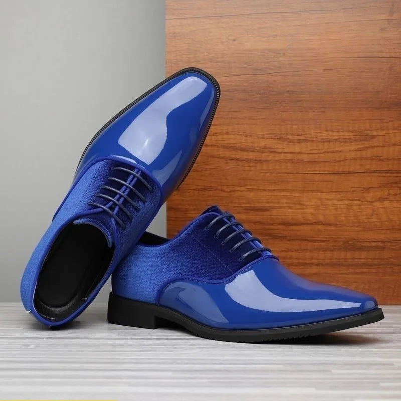 Showlu Fashion Store men's oxford shoes in yellow, blue, red, and black patent leather, suitable for formal, casual, and wedding wear.