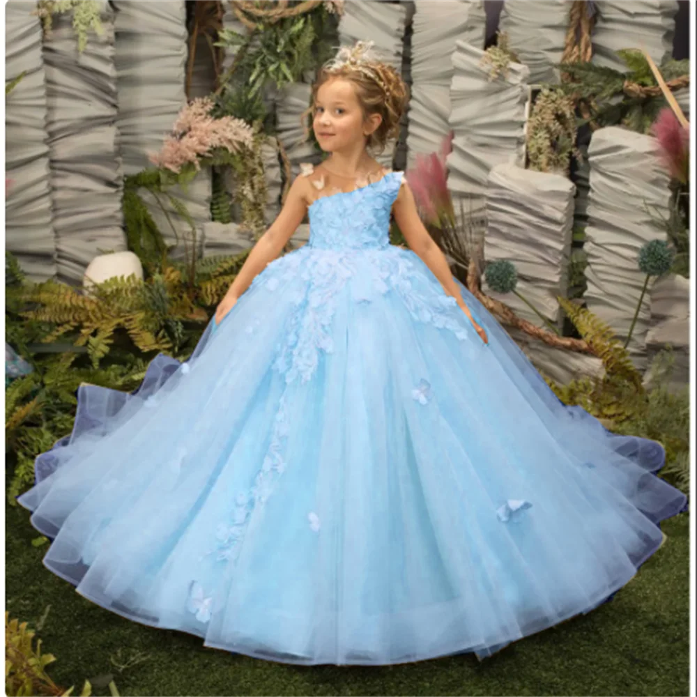 Pink flower girl dress for kids featuring 3D floral applique and tulle ball gown design by Showlu Fashion Store.