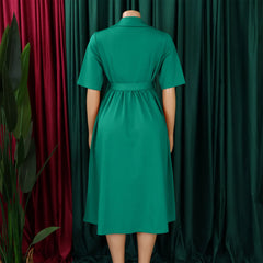 Women's plus Size Solid Color Summer Fashion Dress Short-Sleeved Suit Collar Strap Design 2024