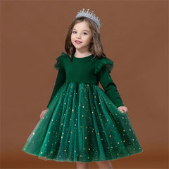 Children Casual Clothes for Autumn Girl Mesh Dress for Long Sleeve 3-8Y Kids Sequin Dress Christms Birthday Party Princess Dress
