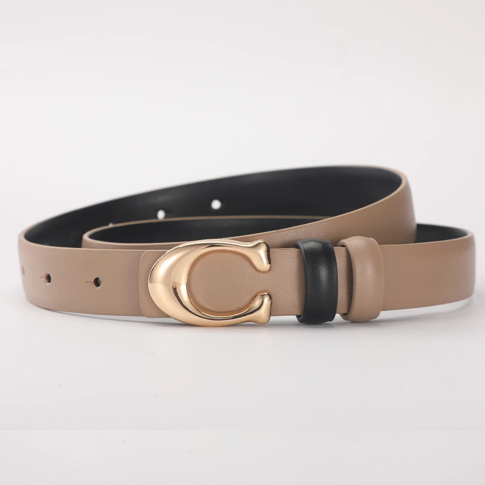 Women's fashionable belt with C-shaped buckle, smooth design, double-sided, ideal as a stylish gift for mothers.