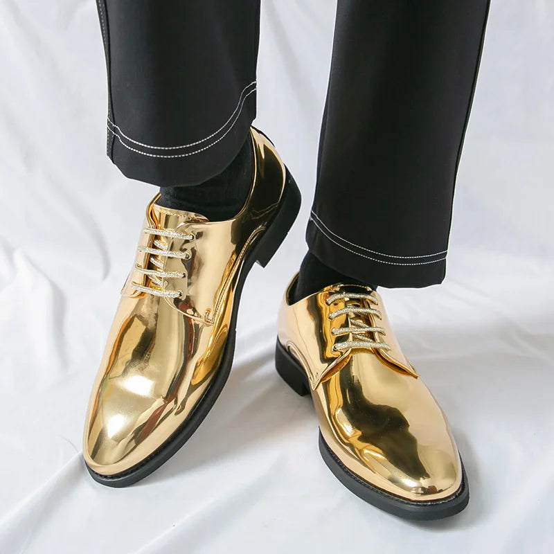 Men's golden leather party shoes with shiny finish and pointed toe, formal dress shoes by Showlu Fashion Store.