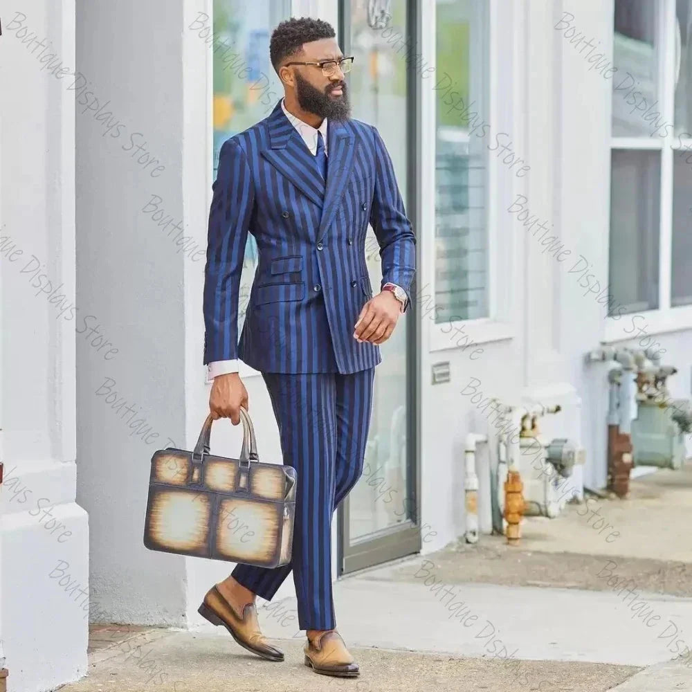 SHOWLU Men's blue and black stripe suit with double-breasted tuxedo style, tailored for formal occasions and weddings.