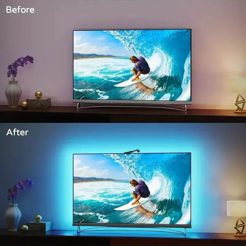 Showlu Smart RGB TV LED backlight strip with color sensor, 5V, designed to enhance TV viewing with vibrant, customizable lighting.