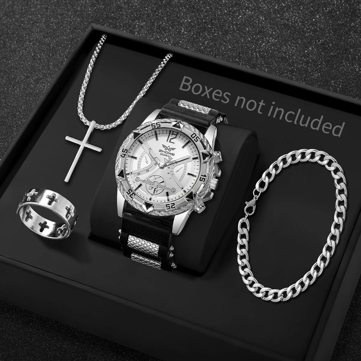 Fashion Arabic dial men's quartz wristwatch with silicone strap, part of a 4-piece business jewelry set, no box included.