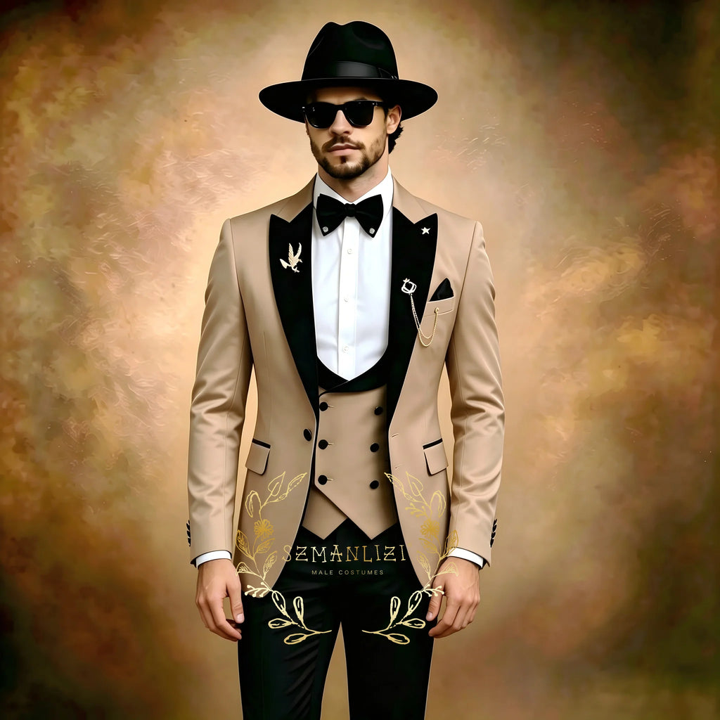 Beige formal men's 3-piece suit with peaked lapels, blazer, pants, and vest, suitable for weddings, parties, or business events.