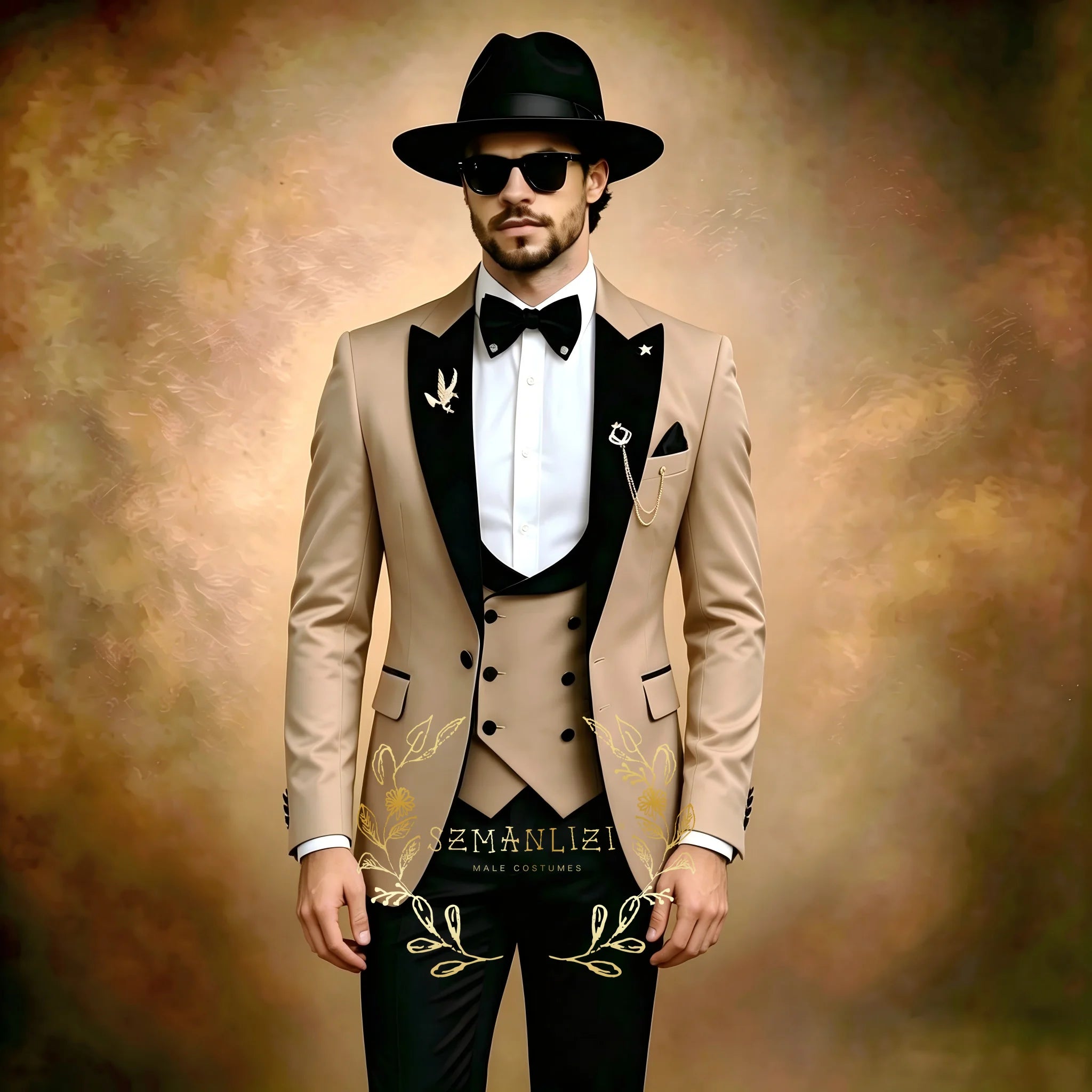 Beige formal men's 3-piece suit with peaked lapels, blazer, pants, and vest, suitable for weddings, parties, or business events.