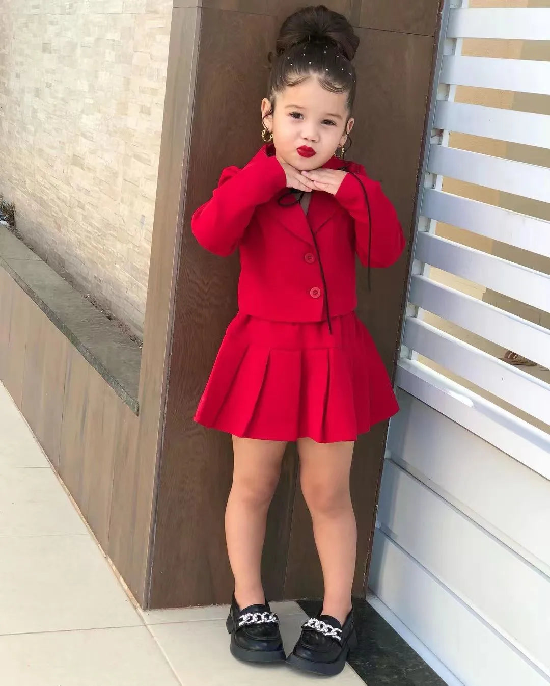 YTYINC girls winter 2-piece set with a long sleeve jacket and matching skirt, shown in stylish fabric and design.