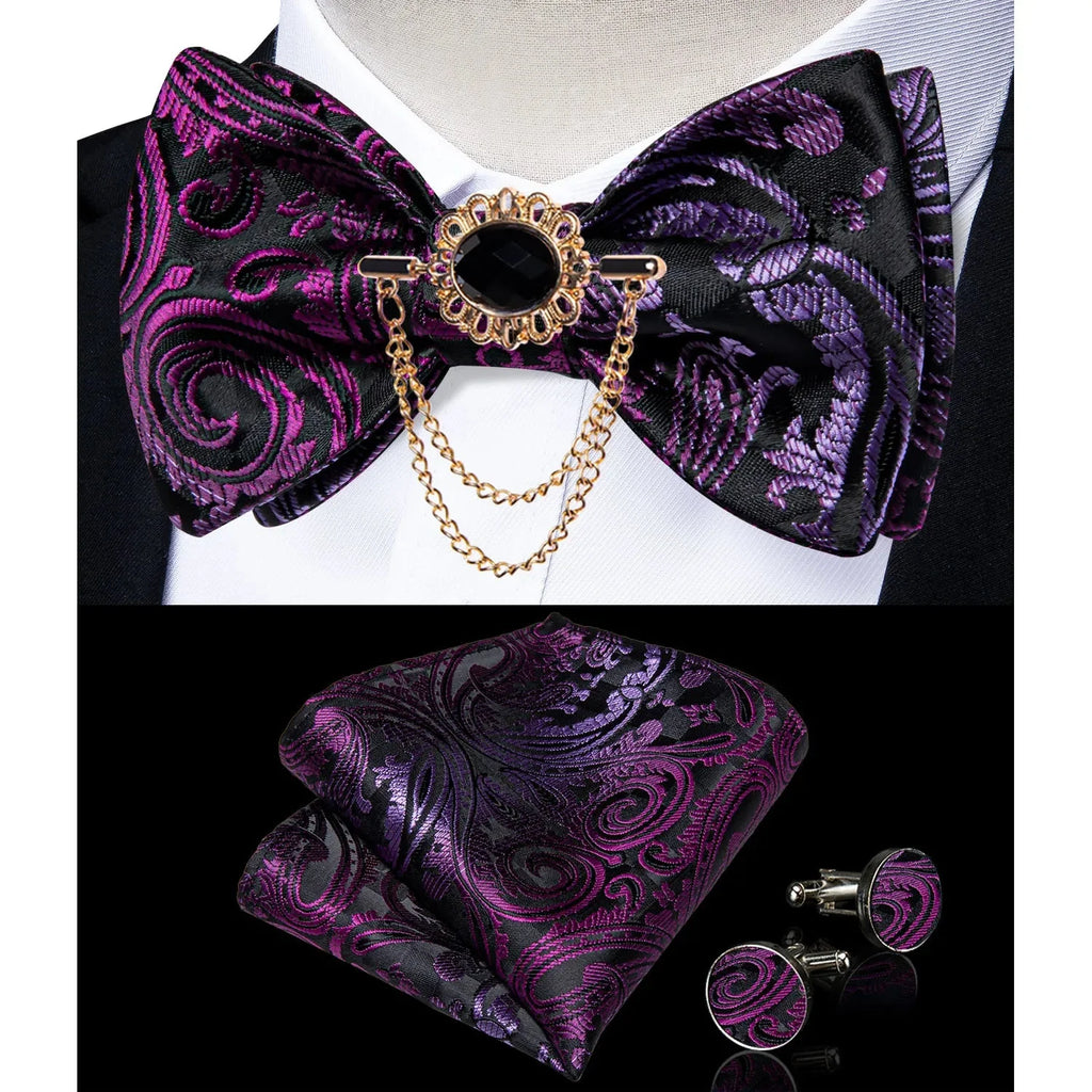 Pink plaid silk self-tie bow tie set with brooch and handkerchief, stylish accessory from SHOWLU FASHION STORE.