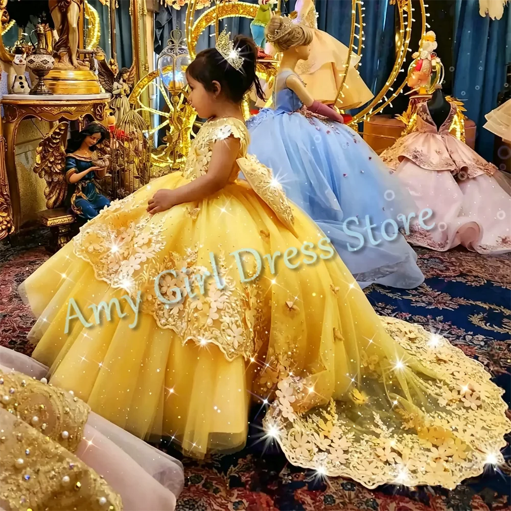 Customized Champagne Flower Girl Dresses For Wedding Appliques With Bow Elegant Princess Birthday Party First Communion Gown