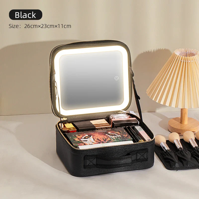 Showlu makeup travel train case with LED mirror, PU leather cosmetic bag, compact and stylish for organizing beauty essentials.