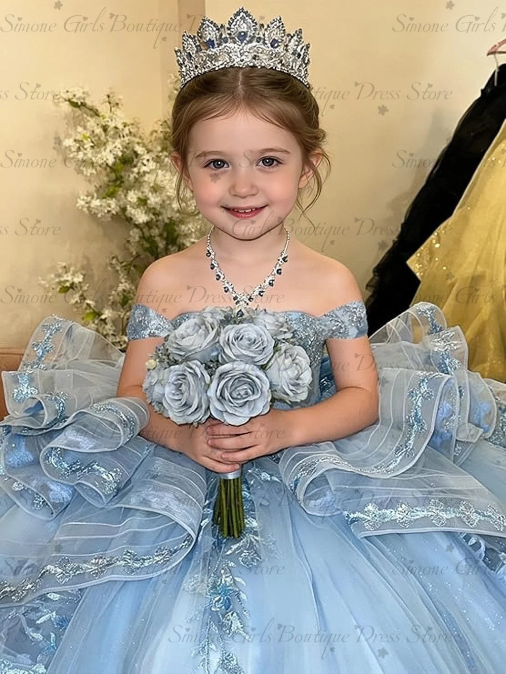 Princess Off Shoulder Flower Girl Dress for Wedding Kids Lace Appliqued Tulle Pageant Dress Customized Birthday Party Ball Gown