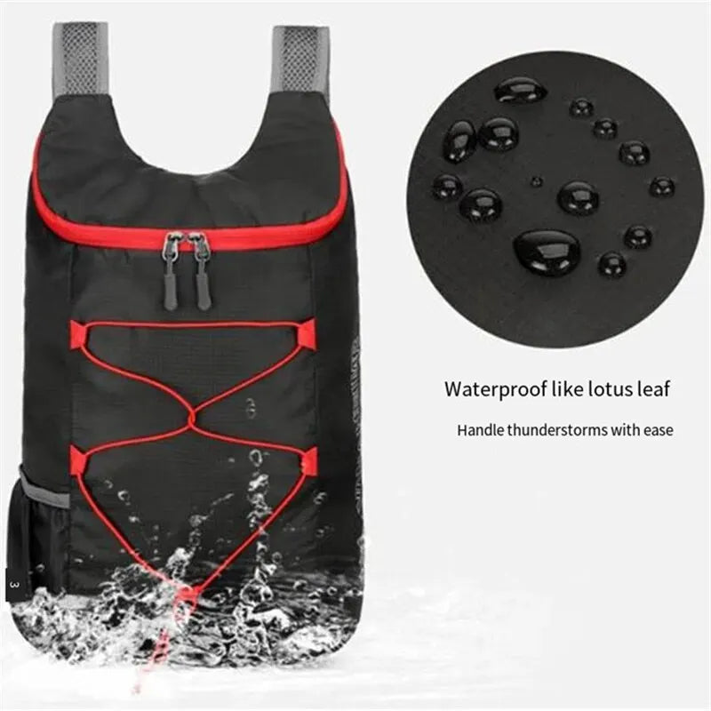 Lightweight, waterproof nylon multifunctional outdoor folding backpack with shoulder straps, ideal for camping, hiking, and travel.