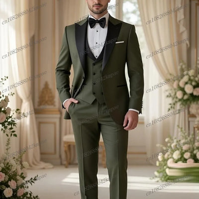 Fiojiele Men's 3-Piece Wedding Suit – Army Green Slim Fit Formal Tuxedo