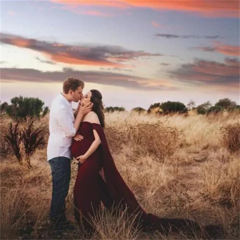 SHOWLU shoulderless chiffon maternity maxi gown for photography, elegant flowy design perfect for expecting mothers.