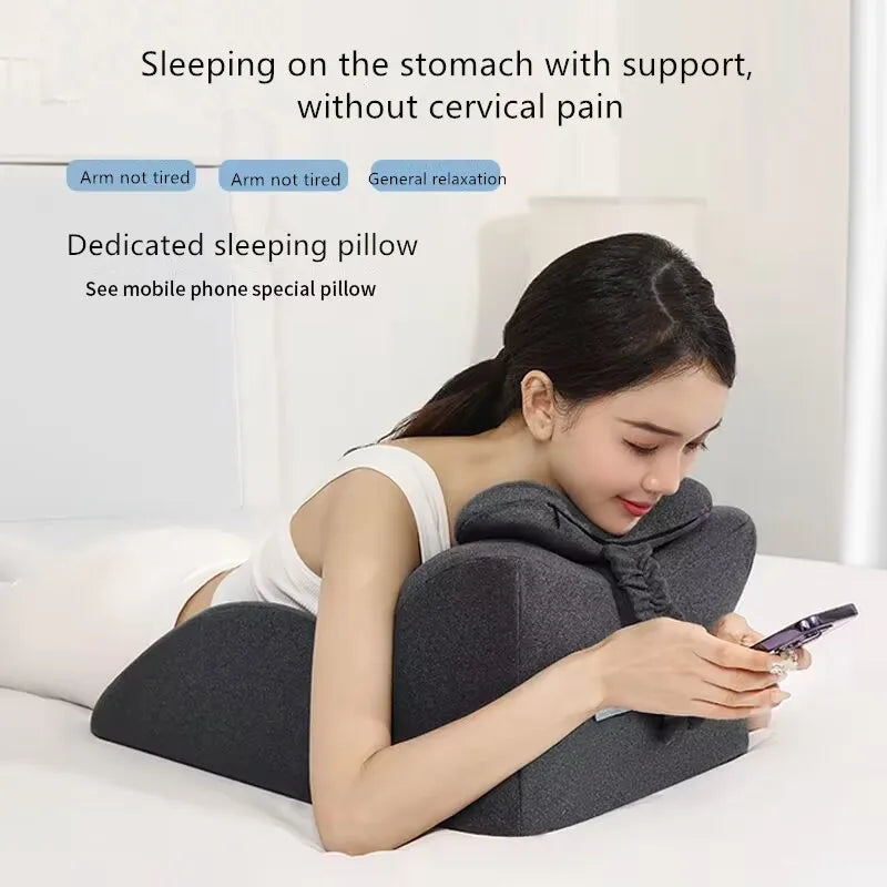Showlu Memory Foam Prone Sleeping Pillow with ergonomic design, soft cover, and supportive cushion for comfortable sleep positioning.
