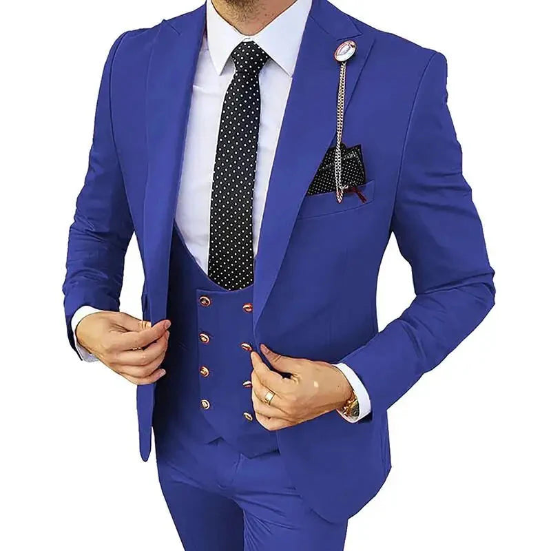 Kromoc men's 3-piece slim fit wedding suit with wool blend fabric and peak lapel, featuring a tailored tuxedo style.