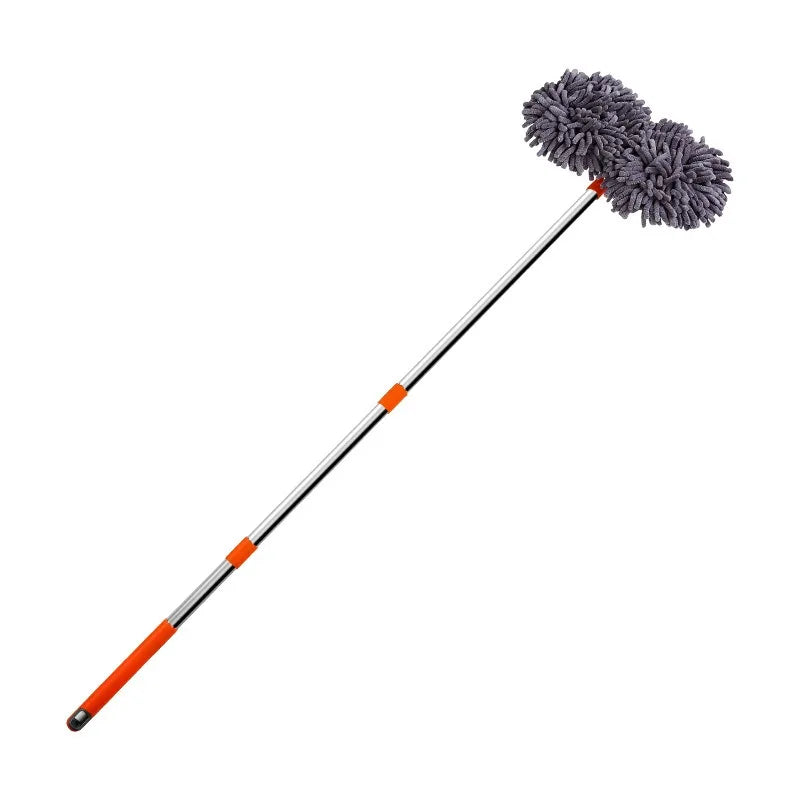 Double head car wash mop with telescopic handle and chenille cleaning brush for effective vehicle cleaning.