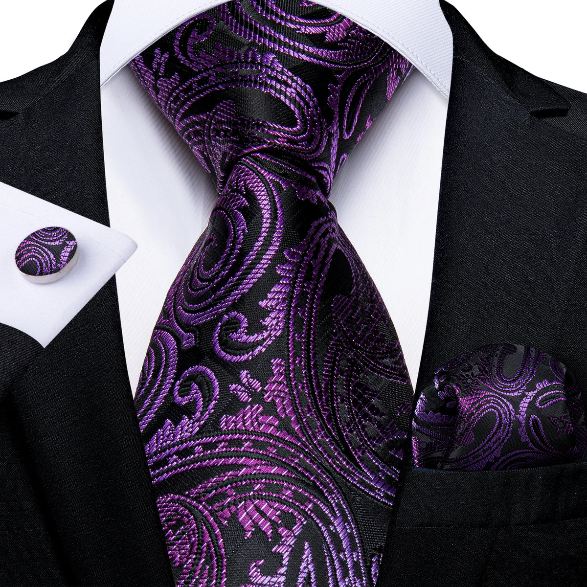 DiBanGu Ties For Men Purple Floral Paisley Necktie Business Formal 100% Silk Tie Pocket Square Set For Wedding Party Cravat