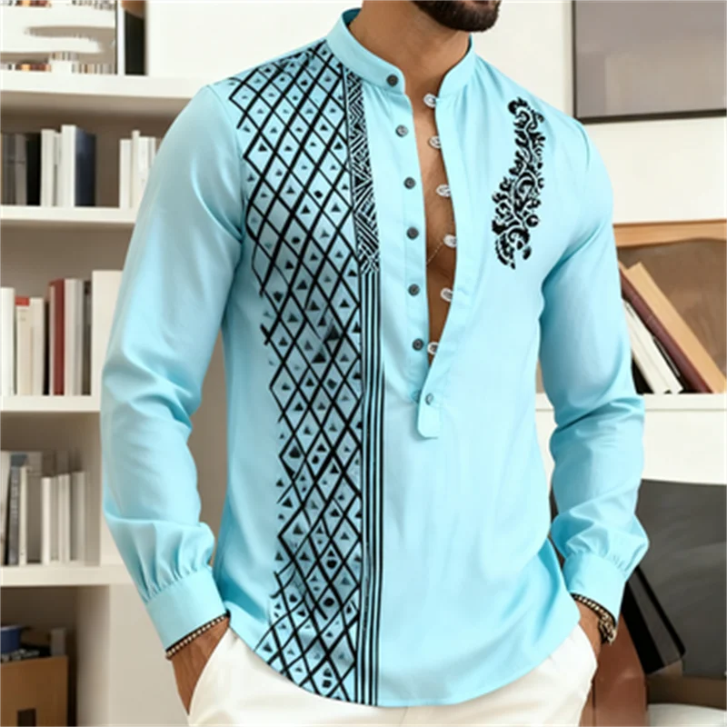 Men's long sleeve henley shirt with seven buttons, loose fit, in a casual beach style, from Showlu Fashion Store.