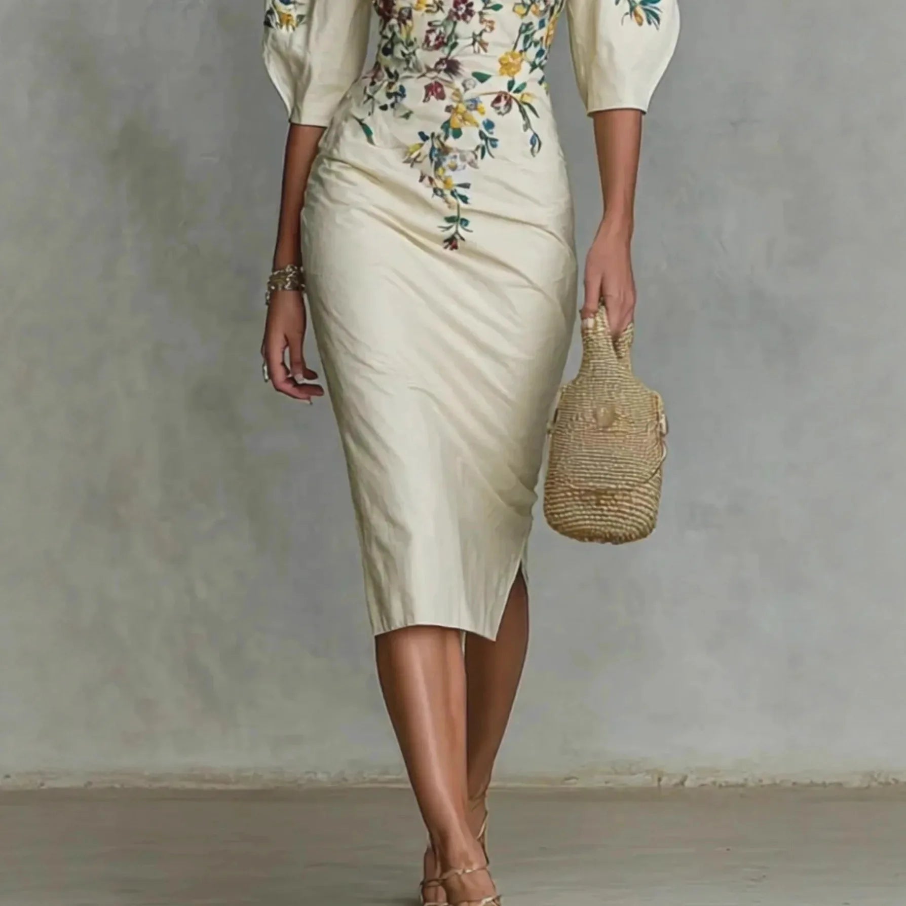 Women's digital print one-shoulder lantern sleeve sheath dress by Showlu Fashion, featuring a stylish design and vibrant pattern.