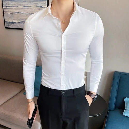 10Color High Quality Solid Dress Shirt Men Simple Long Sleeve Slim Fit Business Shirts Homme Social Casual Shirt Plus Size 5XL-M