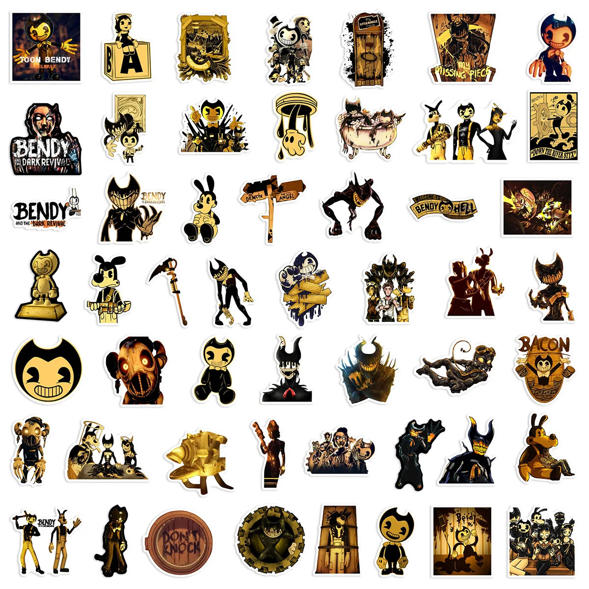Set of 50 waterproof vinyl Bendy and The Dark Revival horror game stickers featuring colorful, spooky character designs.