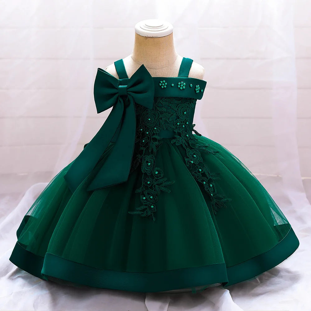 Elegant baby girl dress with big bow, suitable for 6 to 36 months, perfect for weddings, parties, and birthdays.