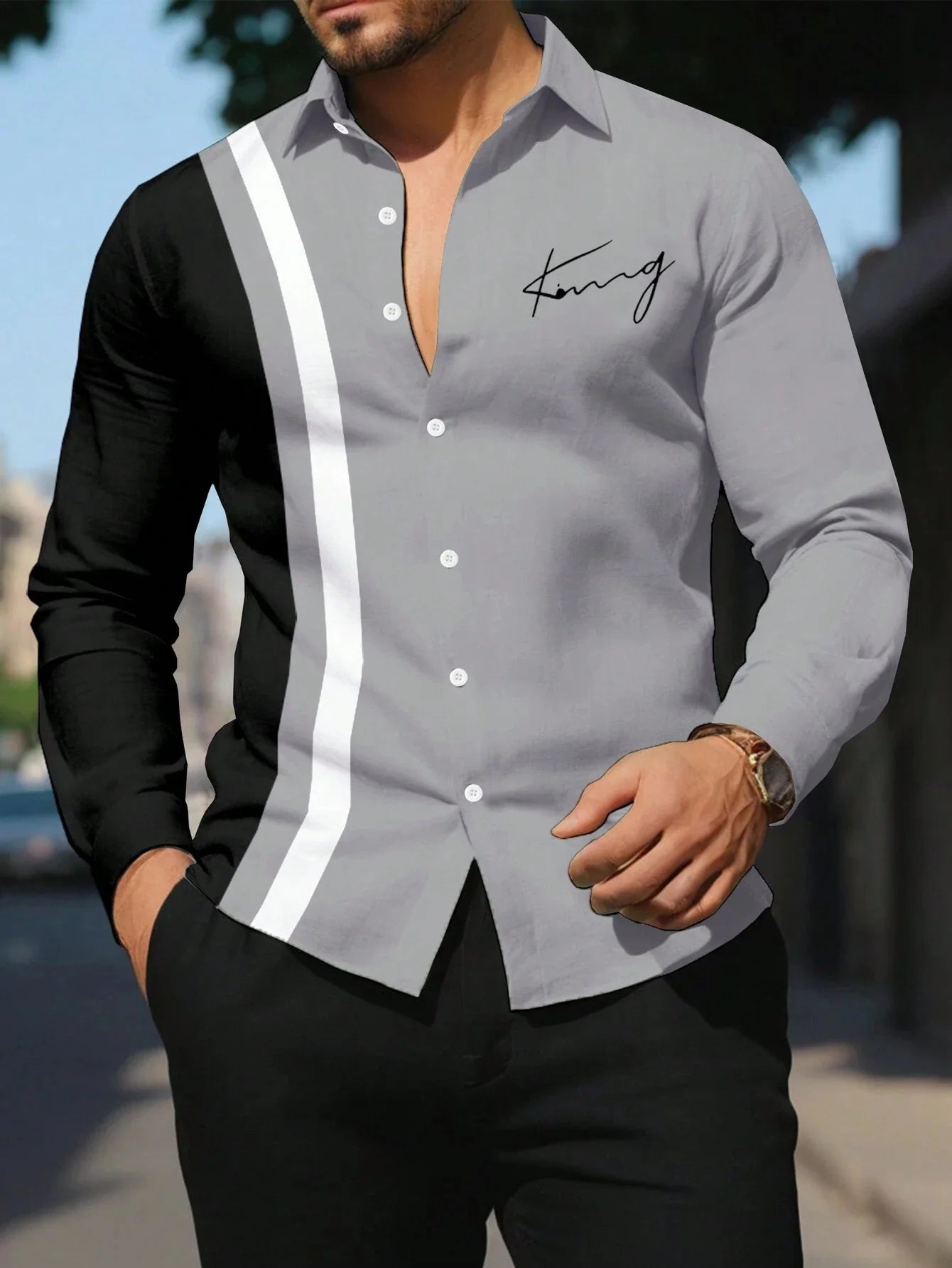 Men's patchwork striped printed shirt by Showlu Fashion, classic long-sleeve business casual lapel shirt with comfortable fit