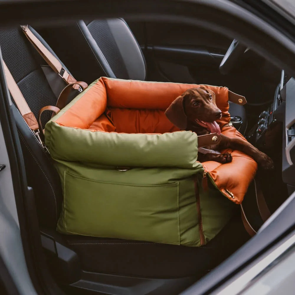 Showlu Fashion Store VOFORD luxury faux leather dog car seat with booster bed, providing a comfortable and stylish travel perch for pets.