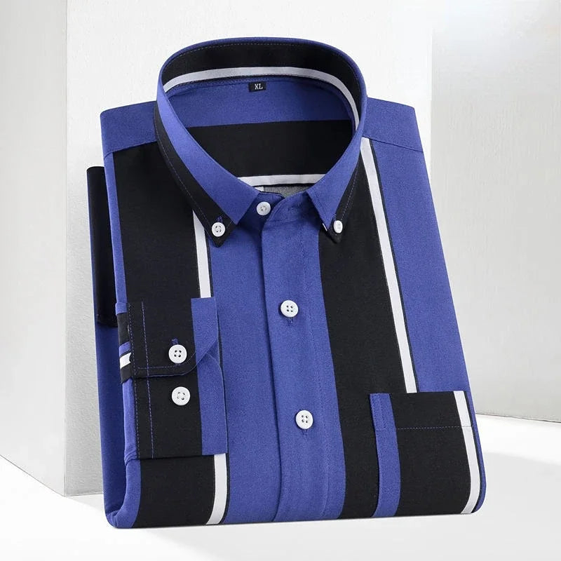 Men's printed long-sleeved shirt with pocket, striped design, slim fit, casual Korean fashion for spring and autumn.