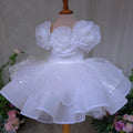 New Kids Girls Princess Dress Children Fashion Sleeveless White Off Shoulder 3D Floral Tulle Gown Baby First Birthday Costume