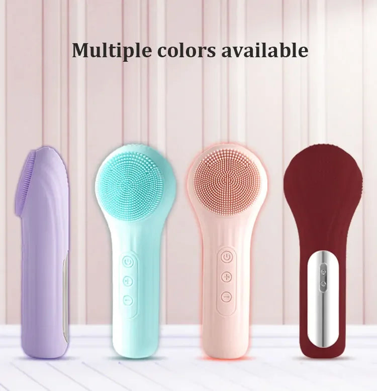 Rechargeable silicone facial cleansing brush by Showlu Smart General, showing the soft bristle head and sleek handle design.