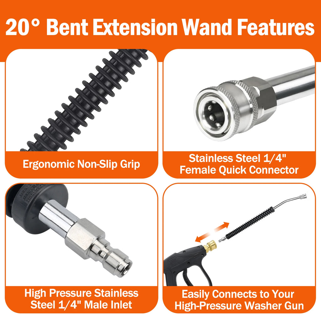 Stainless steel car pressure washer extension wand with non-slip grip and 1/4” quick connect for efficient car cleaning.