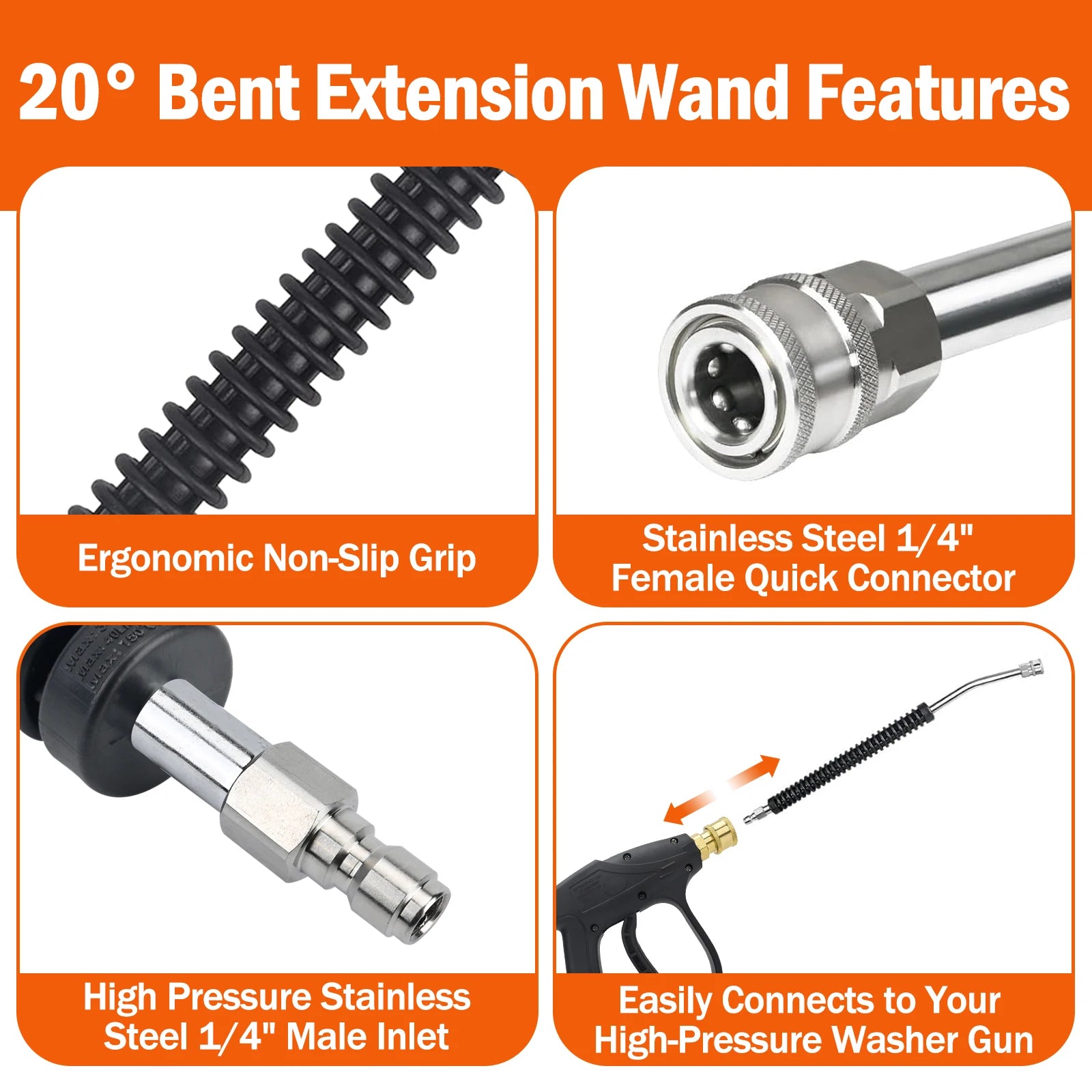 Stainless steel car pressure washer extension wand with non-slip grip and 1/4” quick connect for efficient car cleaning.