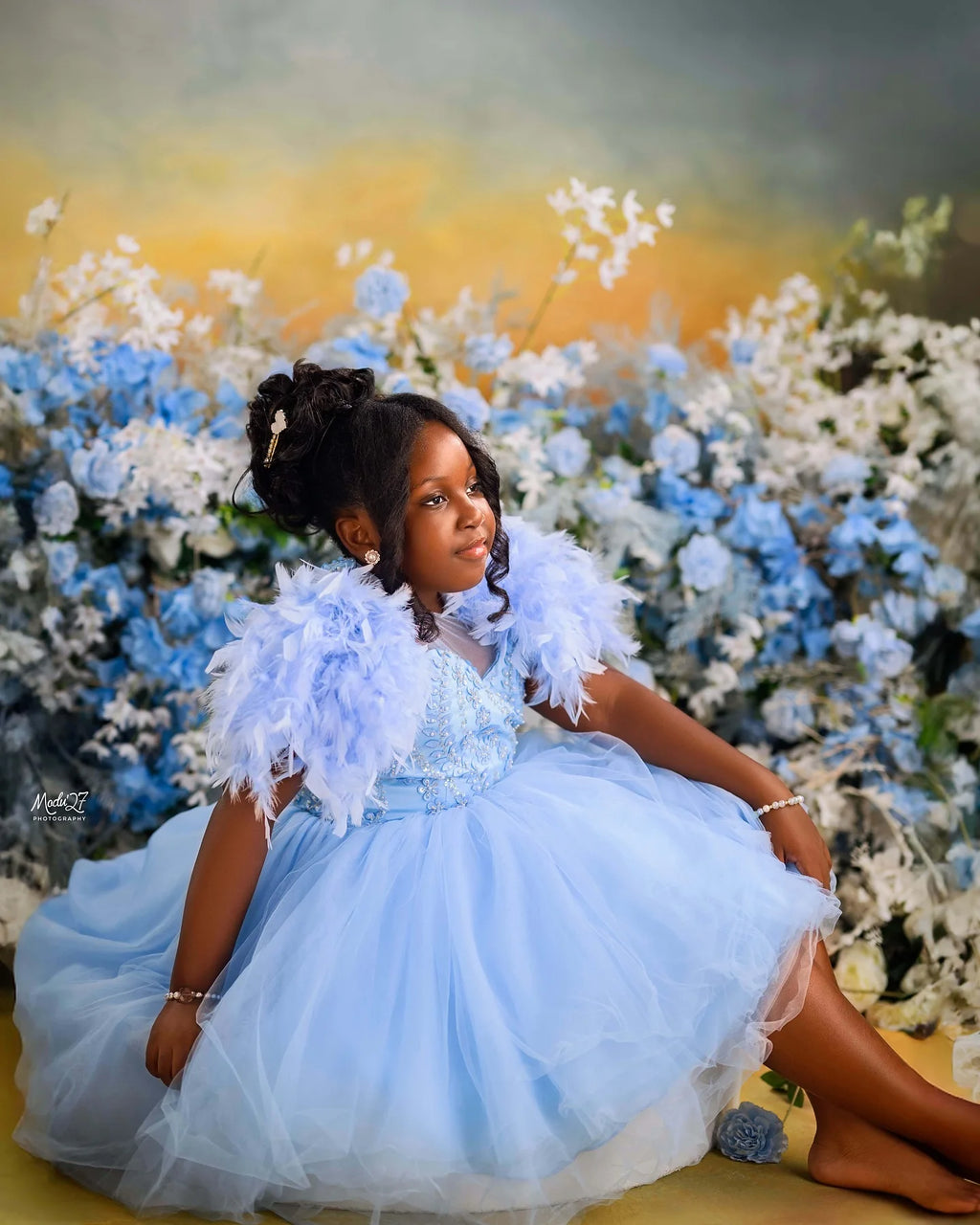 Light Sky Blue Flower Girl Dress Customized Feather Kids Pageant Dresses Luxury Girl Prom Birthday Gown For Photoshoot