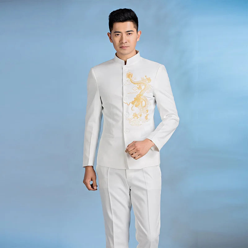 Men's slim fit suit with embroidered blazer and straight pants, stylish formal attire from Showlu Fashion Store.
