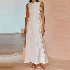 Elegant Lace Embroidery Vacation Long Dress Women Fashion O-neck Hight Waist Solid Party Dress Casual Sleeveless Holiday Dresses
