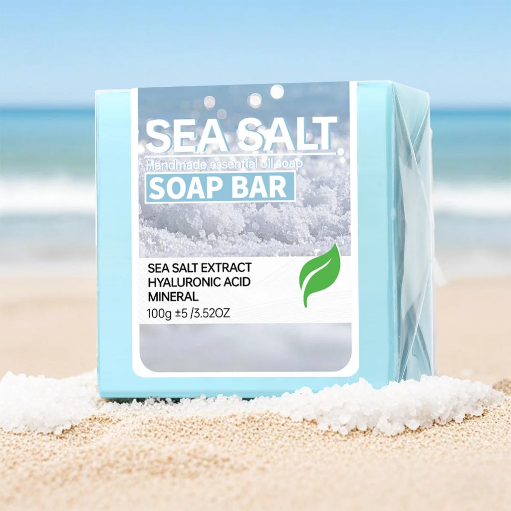 Handmade sea salt soap with hyaluronic acid for deep cleansing, moisturizing skin, and gentle exfoliation.