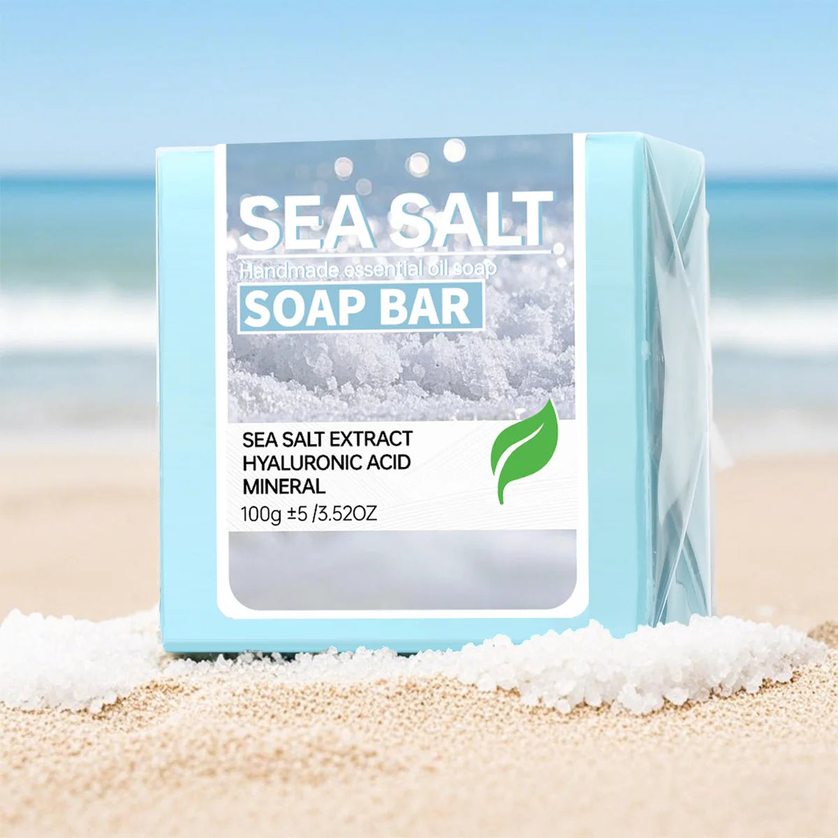 Handmade sea salt soap with hyaluronic acid for deep cleansing, moisturizing skin, and gentle exfoliation.