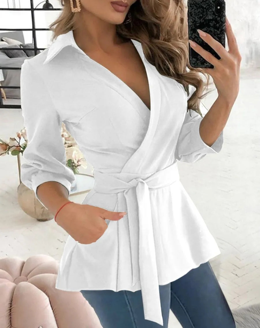 Printed women's long sleeve work shirt with V-neck and belt, casual autumn blouse perfect for office or party wear.