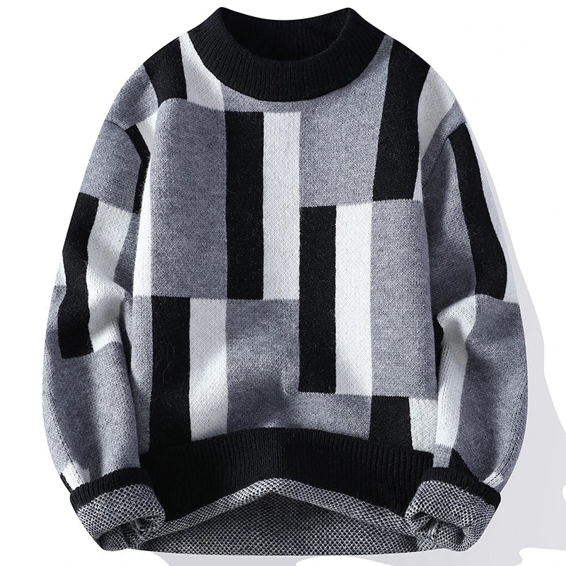 Men's autumn winter mock neck plaid knit sweater by Showlu Fashion, casual loose fit, warm, youthful Y2K style pullover.