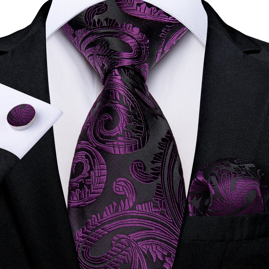 DiBanGu Ties For Men Purple Floral Paisley Necktie Business Formal 100% Silk Tie Pocket Square Set For Wedding Party Cravat