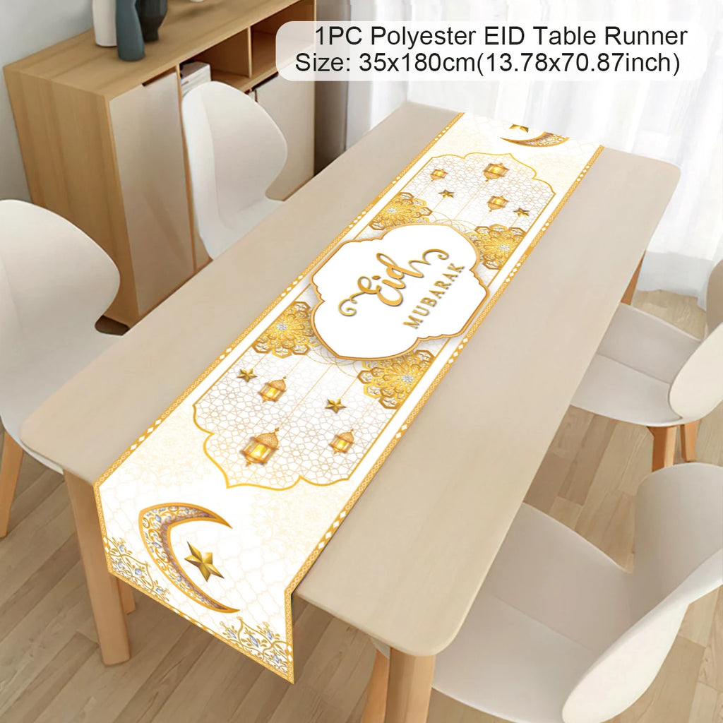 Ramadan decoration table runner with Eid Mubarak design, Islamic motifs, and gold accents for home Eid al-Fitr celebrations.