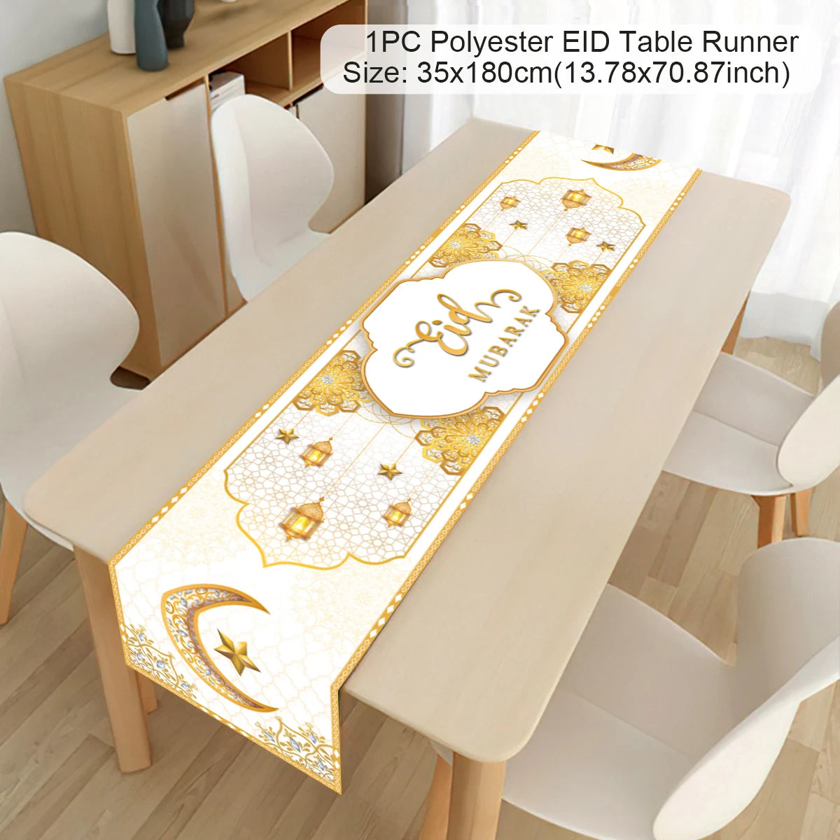 Ramadan decoration table runner with Eid Mubarak design, Islamic motifs, and gold accents for home Eid al-Fitr celebrations.