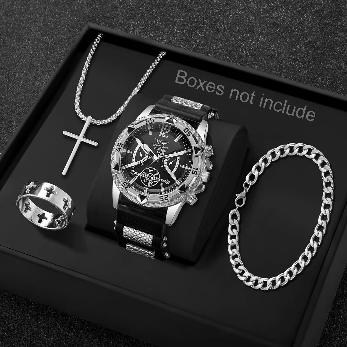 Four men's fashion Arabic dial quartz watches with silicone straps and matching necklace set, casual business style, no box included.