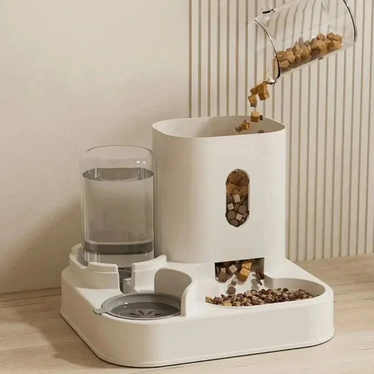 Showlu automatic pet feeder and water fountain with large capacity food bowl, stainless steel design for pets.