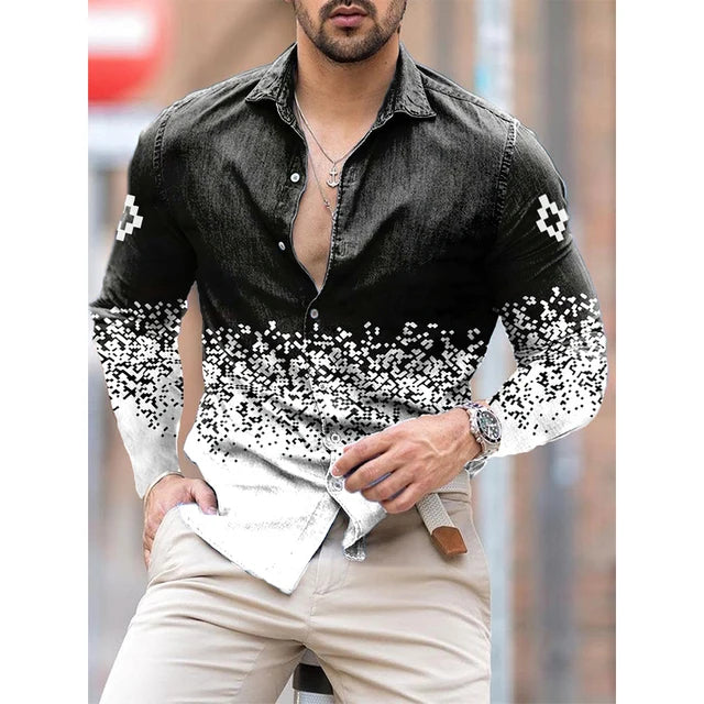 Men's Hawaiian piano luxury designer shirt with floral 3D print, long sleeves, single-breasted, casual casual top by Showlu Fashion